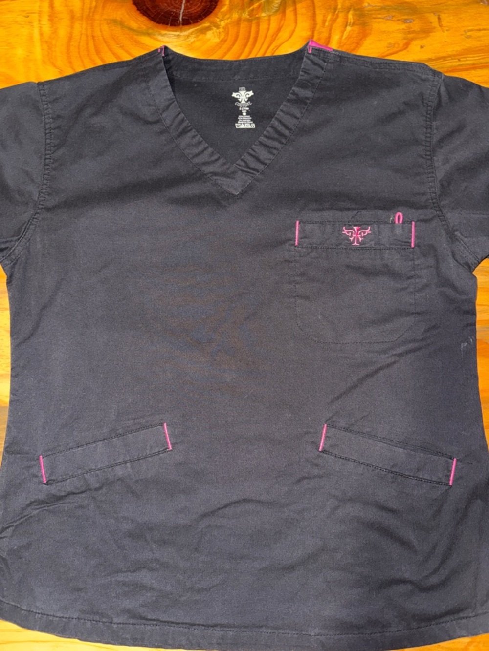 Med Couture Black Scrub Set with Pink Trim, Women’s Small - Picture 2 of 7